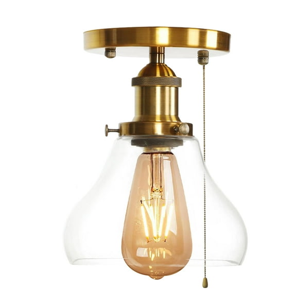 FSLiving Schoolhouse Wall Light with Zipper Switch 12V Gold RV Decorative Light RV Ceiling Light Hallway Light Ceiling Mount,2700K Bulb Included Industrial Semi Flush Mount for RV Camper - 1 Light