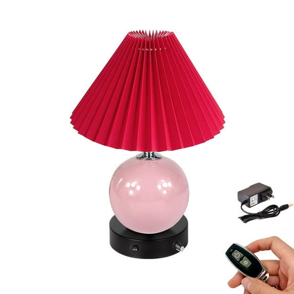 FSLiving Small Cute Ceramic Pot Table Lamp Cordless Battery Operated by Remote Dimmable, Wireless Warm Light Red Pleated Lampshade, Dimmable, Candypink Mushroom for Living Room, Console, End Table