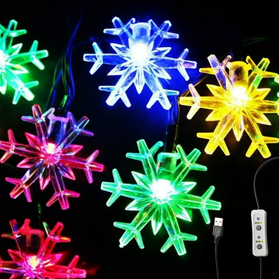 FSLiving String Lights with Timing Function,Curtain Lights 6.5ft String Lights with Timer Switch,Fairy Light with Snowflake Beads For Christmas Party Bedroom Garden Decor - Set of 2 (Colorful)