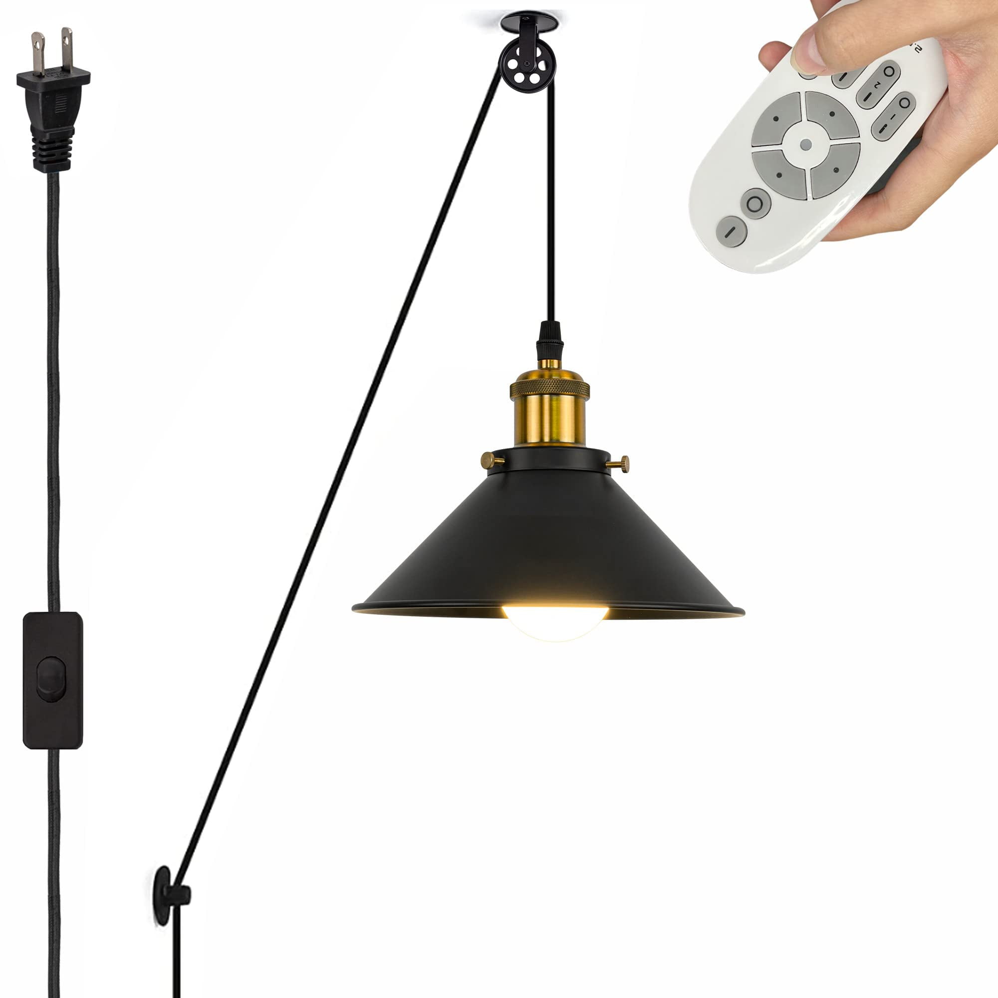 SKIVTGLAMP Swag Handing Indtrial Style Pulley Design Pendant Lamp With 15ft Plug-in Dimmer Switch Cord Black Iron Mini Circular Shade With Wheel For Living Room Vintage Farmhoe No Wiring Needed