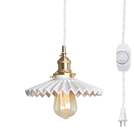 FSLiving Swag Pendant Light with 20ft White Plug-in Dimmable Twisted Cord Retro Ceramic Marble Shade Light Fixtures Nordic Hanging Ceiling Light for Kitchen Bar Island,Bulb Not Included - 1 Light