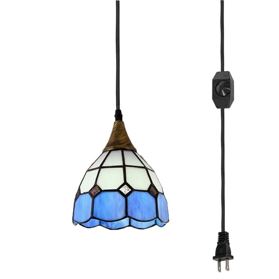 FSLiving Tiffany Pendant Light with 15 FT Plug In Cord Dimmable Pendant Light with Glss Shade for Island High Ceilings Customizable - Bulb Not Included