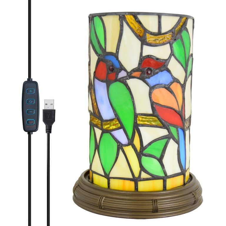 FSLiving Tiffany Style Accent Lamp Table Lamp Stained Glass USB Powered Cord Mandarin Duck Desk Light with Color Changing Cylinder Light Living Room Bedroom Gift Nightlight Backlight for Decoration Wa...