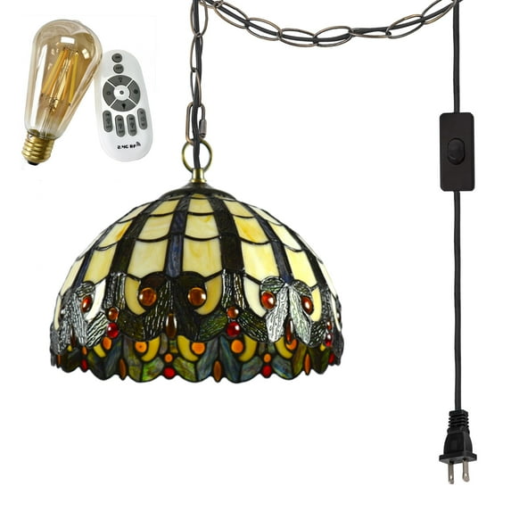 FSLiving Tiffany Yellow Butterfly Shape Ceiling Lamp Colorful Baroque Style Chandelier, 15ft Plug-in Cord Stained Glass Hanging Swag Lamp Dimmable Smart Edison Bulb by Remote for Background Wall