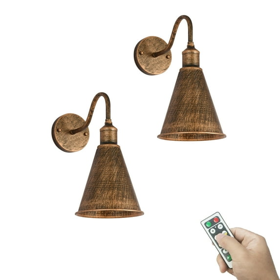 FSLiving Timer Battery Remote LED Dimming 100 Lumens Wall Lamp No Wire Black Antique Lamp Body & Shade Wall Lighting Vintage Design for Kitchen Corner Bedsides Entrance,Battery Not Included - 2 Pack