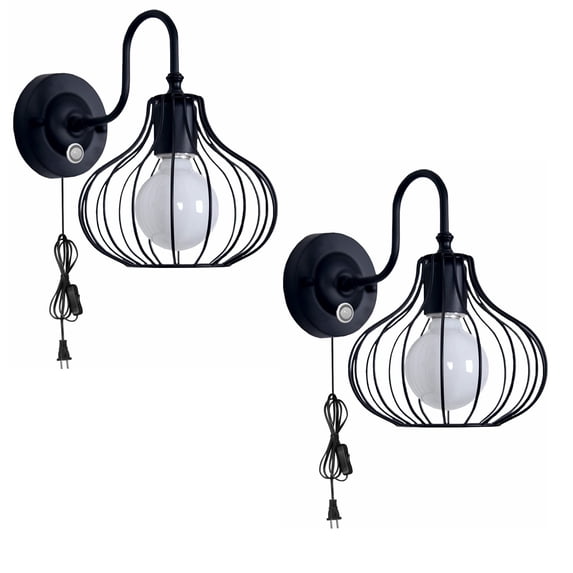 FSLiving Timer Set,PIR Motion Sensor,Wall Sconces UL 5.9 Ft Plug in Cord E26 Base Vintage Design Metal Hollow Cage Shade Black Wall Light Fixture for Hallway Hotel Balcony Entrance - Set of 2