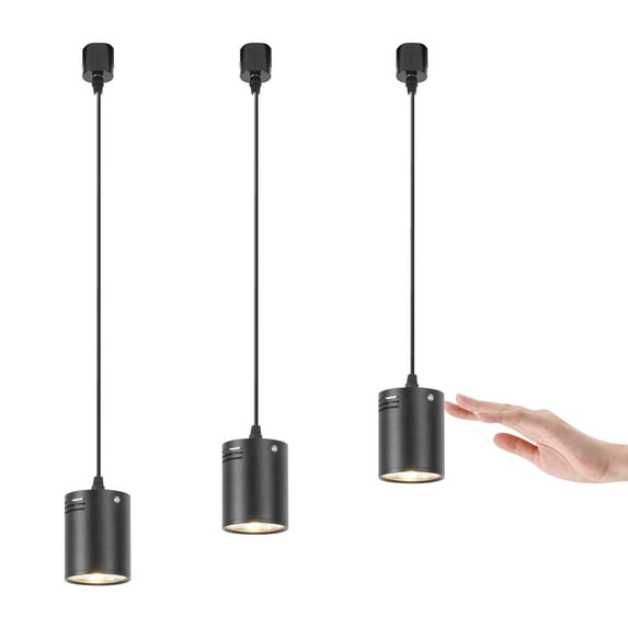 FSLiving Touch Control J-Type Track Light 7W LED Spotlight Linear Look Black Pendant Lights with Focused Adjustable Height Linear Stepless Dimming for Dining 3 Lights Customizable