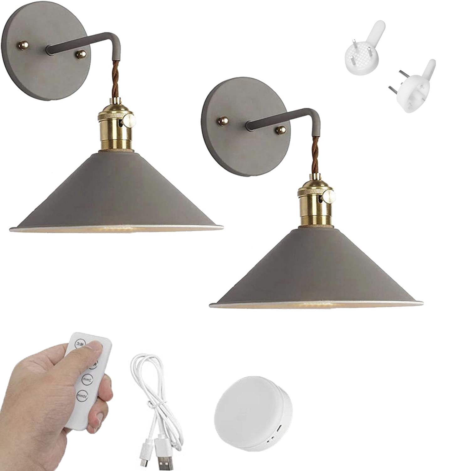 FSLiving USB Charging Dimmable Cordless Remote Control Battery LED Wall Lamp Fixture Low-Voltage 5V LED Modern Design Macaroon Grey Wall Sconce for Laundry Dorm Bedroom - 2 Pack
