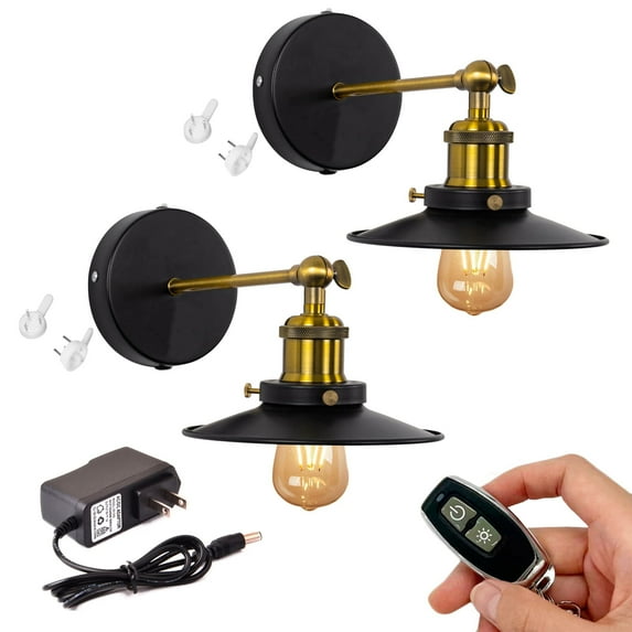 FSLiving Wall Sconce with Rechargeable Battery Operated LED Picture Lights with Remote,Cordless Bronze Socket Black Iron Shade Customizable Adjustable Wall lamp for Hallway Kitchen No Drilling-2 Pack
