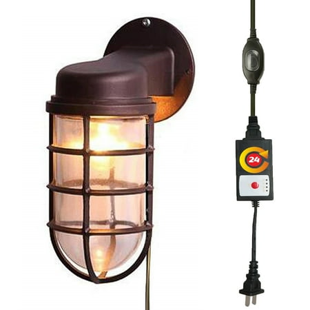 FSLiving Waterproof Exterior Outdoor/Indoor Cage Light with a Timer Switch Timing Wall Plug-in Mount Lantern Industrial Barn Sconce - 1 Pack