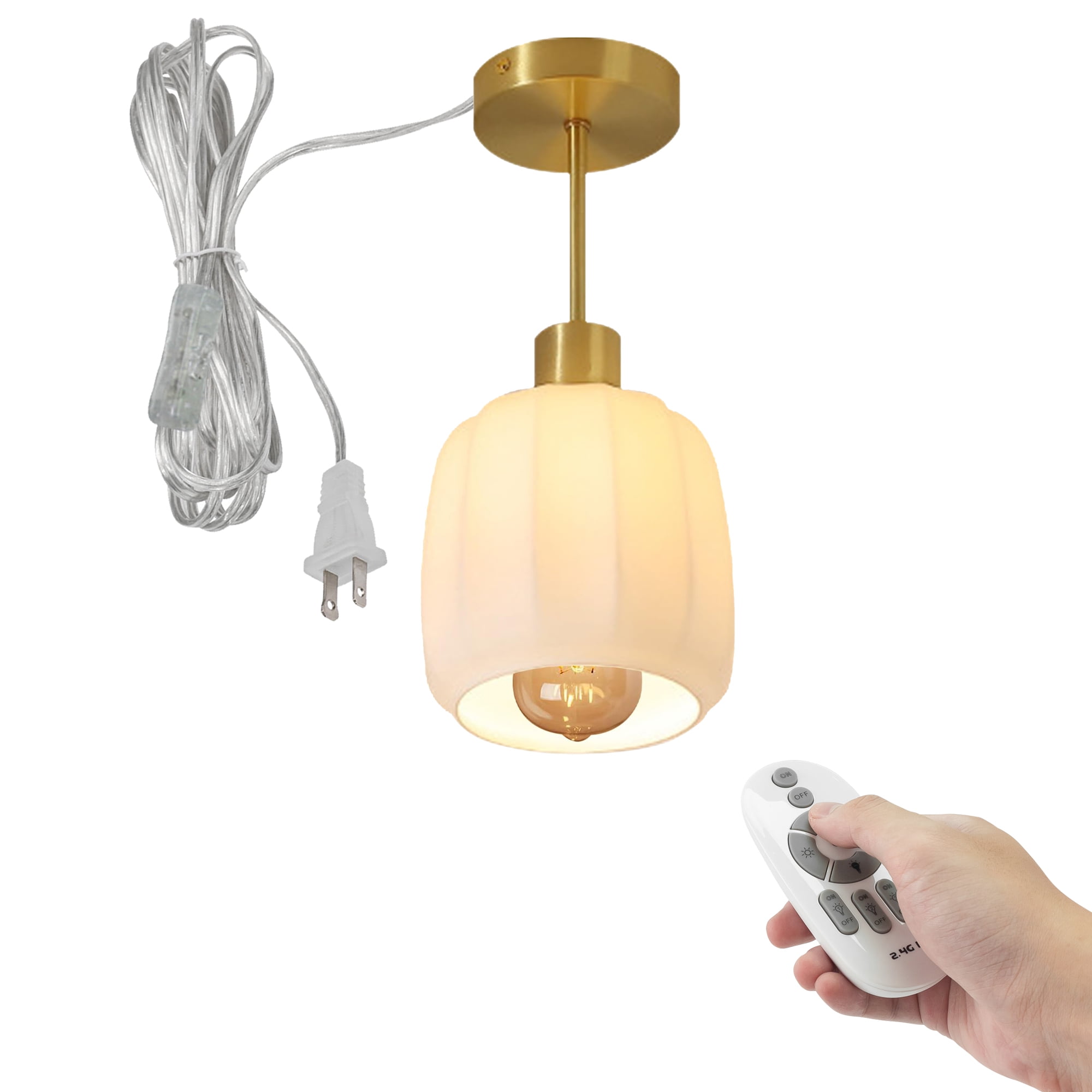 FSLiving White Glass Hanging Light with 15ft Plug-in Cord Copper Decorative Plug In Ceiling Light Remote Control Cone Shape Fixtures,Industrial Semi Flush Mount for Bedroom Living Room - 1 Pack