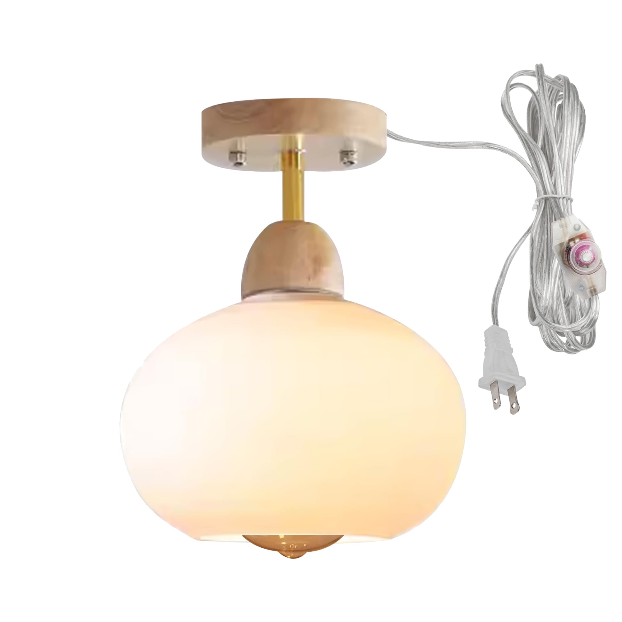 FSLiving White Glass Hanging Light with 15ft Plug-in Cord Wood Decorative Plug In Ceiling Light Dome Shade Fixtures,Industrial Semi Flush Mount Dimmable Pendant Light for Bedroom Hallway - 1 Pack