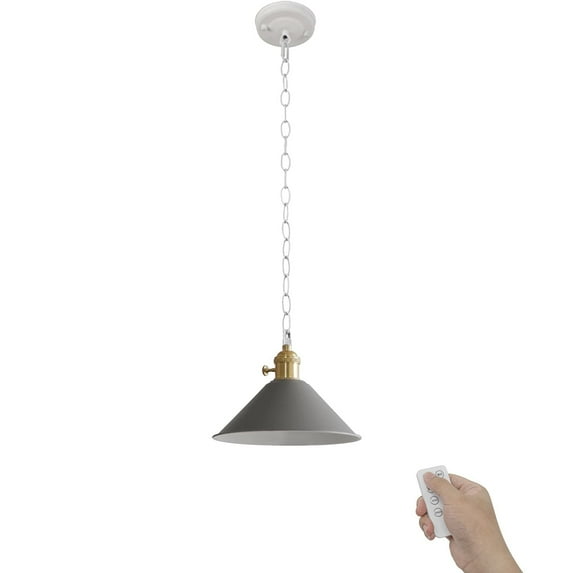 FSLiving Wireless USB Charging Battery Run Dimmable Remote Control Low-Voltage 5V LED Pendant Lighting Vintage Design Gray Metal Light Fixture for Laundry Dorm Bedroom Easy to Install-1 Light