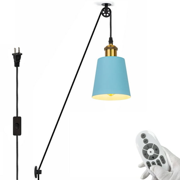 FSLiving No Wiring Needed 15ft Plug-in Pendant Light with Industrial Pulley Design,Macaron Blue Iron Cone Shape Remote Control Dimmable Color Changing Timing Ceiling Lamp for Sloped Ceiling - 1 Light