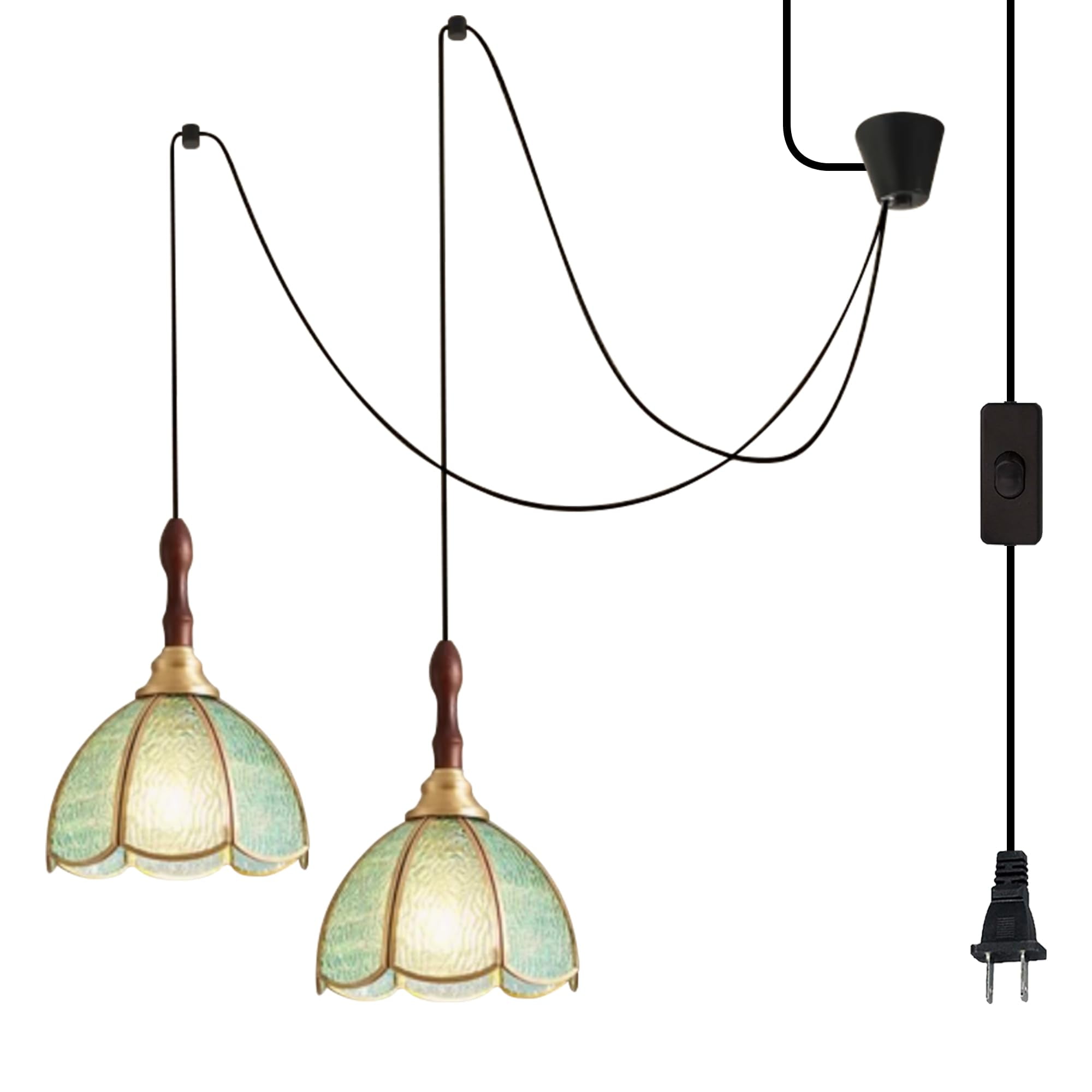 FSLiving No Wiring Needed Aqua Blue Glass Wood Brass Finished Socket Hanging Light, Semi Flush Mount, 15ft Plug-in Cord Tiffany Style 2-Light Chandelier Decoration for Hallway Dining Room Corridor