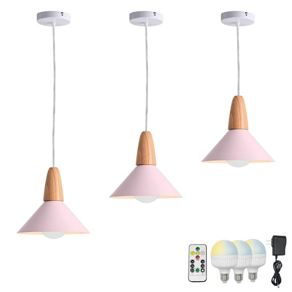 FSLiving No Wiring Needed Ceiling Light with Rechargeable Battery Operated RGB LED Bulb,Dimmable Timing Adjustable Height Pendant Light with Macaron Pink Metal Shade for Kitchen Bar - 3 Lights