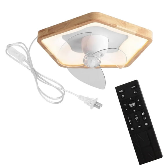 FSLiving No Wiring Needed Nature Wood Ceiling Fan Light by Remote Control, Full-Spectrum Semi Flush Mount Light, 15ft Plug-in Cord 6-Speed Low Profile Dimmable Controller for Kid's Rooms Kitchen