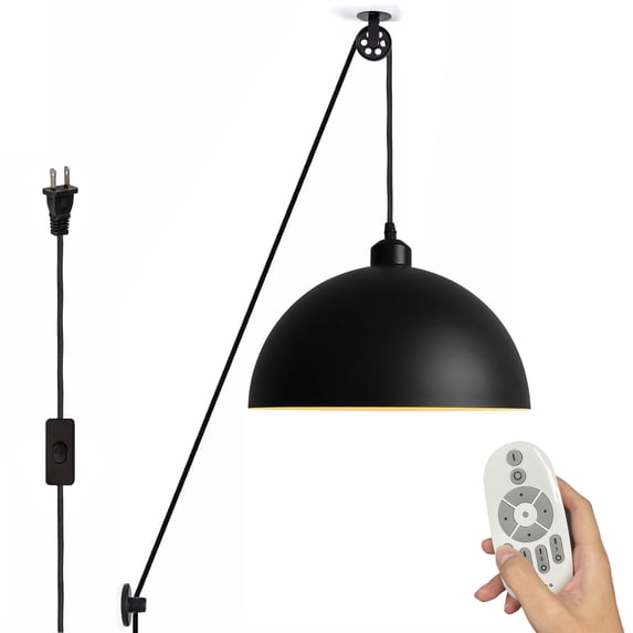 FSLiving No Wiring Needed Pendant Lighting Swag with Industrial Pulley Design 15ft Plug-in Cord with Wheel Black Iron Shade with Remote Control Dimmable Lamp Color Changing for Sink Kitchen - 1 Pack