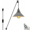 thumbnail image 1 of FSLiving No Wiring Needed Pendant Lighting Swag with Industrial Pulley Design,15ft Plug-in Cord with Wheel Grey Cone Shape Iron Shade,Remote Control LED Edison Bulbs for Vaulted Ceiling - 1 Light, 1 of 1