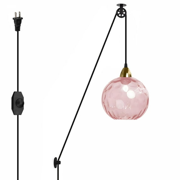 FSLiving No Wiring Needed Pendant Lighting Swag with Industrial Pulley Design, 15ft Plug-in Dimmer Cord with Wheel Ceiling Light Hallway, Pink Hammered Glass Shade for Sloped and Vaulted Ceiling