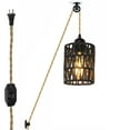 thumbnail image 1 of FSLiving No Wiring Needed Pendant Lighting Swag with Industrial Pulley Design, 15ft Plug-in Dimmer Cord with Wheel, E26 Socket Black Twine Natural Rattan Shade, 1 of 8
