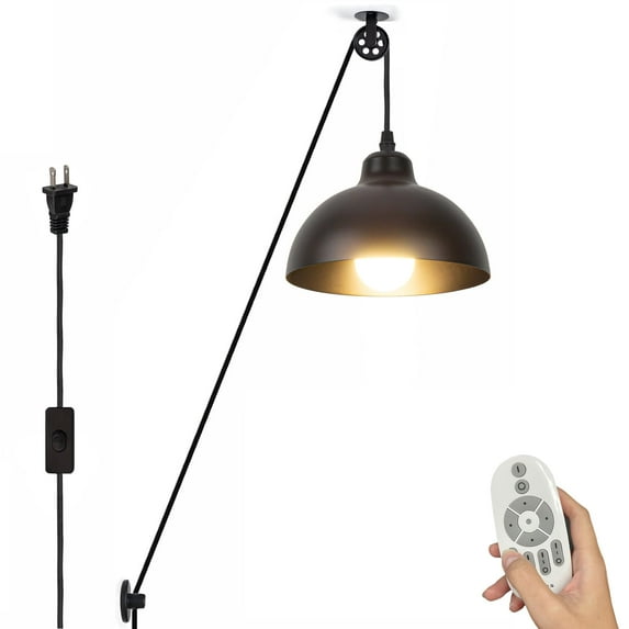 FSLiving No Wiring Needed Smart Group Control,Stepless Dimming Swag Pendant Light,Industrial Pulley Design 15ft Plug-in Cord with Wheel Black Cupola Shape for Sloped Ceiling (Black) - 1 Light