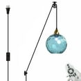 thumbnail image 1 of FSLiving No Wiring Needed Swag Pendant Light with Pulley Design, 15ft Plug-in Cord with Wheel Decorative Ceiling Light Hallway with Remote Control LED Edison Bulb Sky Blue Hammered Glass Globe, 1 of 9