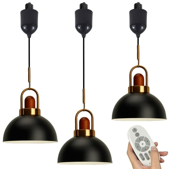 FSLiving Wooden Iron Brass Handle Pendant Light Height-Adjustable H-Type Track Light 4ft Cord Semicircle Macaron Black for Modern Farmhouse Remote Control with LED Bulbs - Set of 3