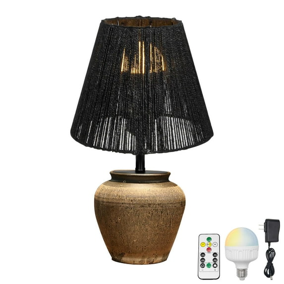 FSLiving Yellow Hand-Made Clay Pot Table Lamp Rechargeable Battery Operated RGB Bulb by Remote, Wireless Mushroom Natural Rattan Black Cone Shade for Bedroom, Console, End Table