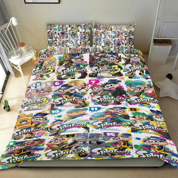 FSMYJJZY 3 Piece Splatoon Cotton Bedding Set Twin Size Duvet Cover & 2 Pillowcases Cute Cartoon Soft Bedroom Gift
