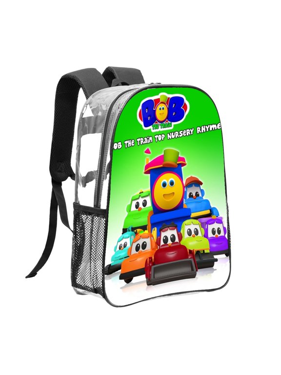 Bob The Train Clear Backpack, Lightweight Transparent PVC Bag with Side Mesh Pockets for School Travel Sports