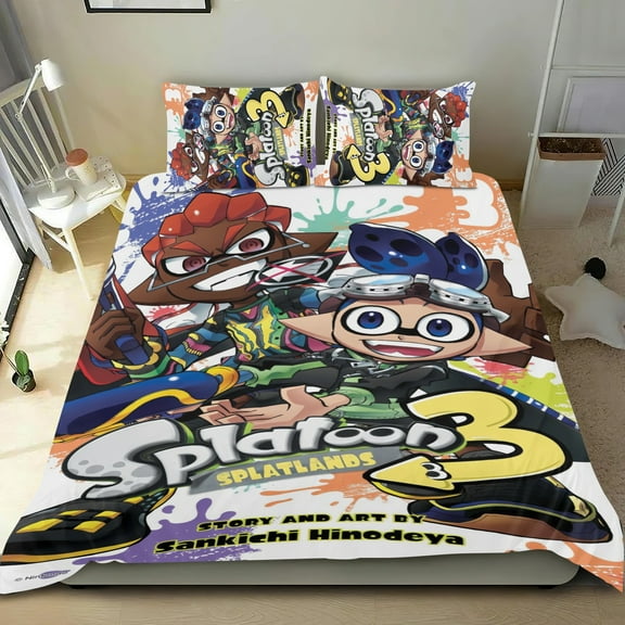 FSMYJJZY Splatoon 3 Piece Bedding Set Full Duvet Cover with 2 Cotton Pillowcases Cute Cartoon Soft Breathable Bedroom Decor
