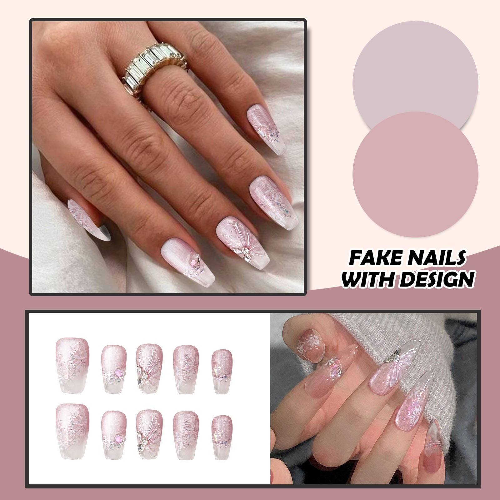 FSNDRX Makeups Women Press On Nails Medium Fake Nails with Designs Nude Stick On Acrylic Nails