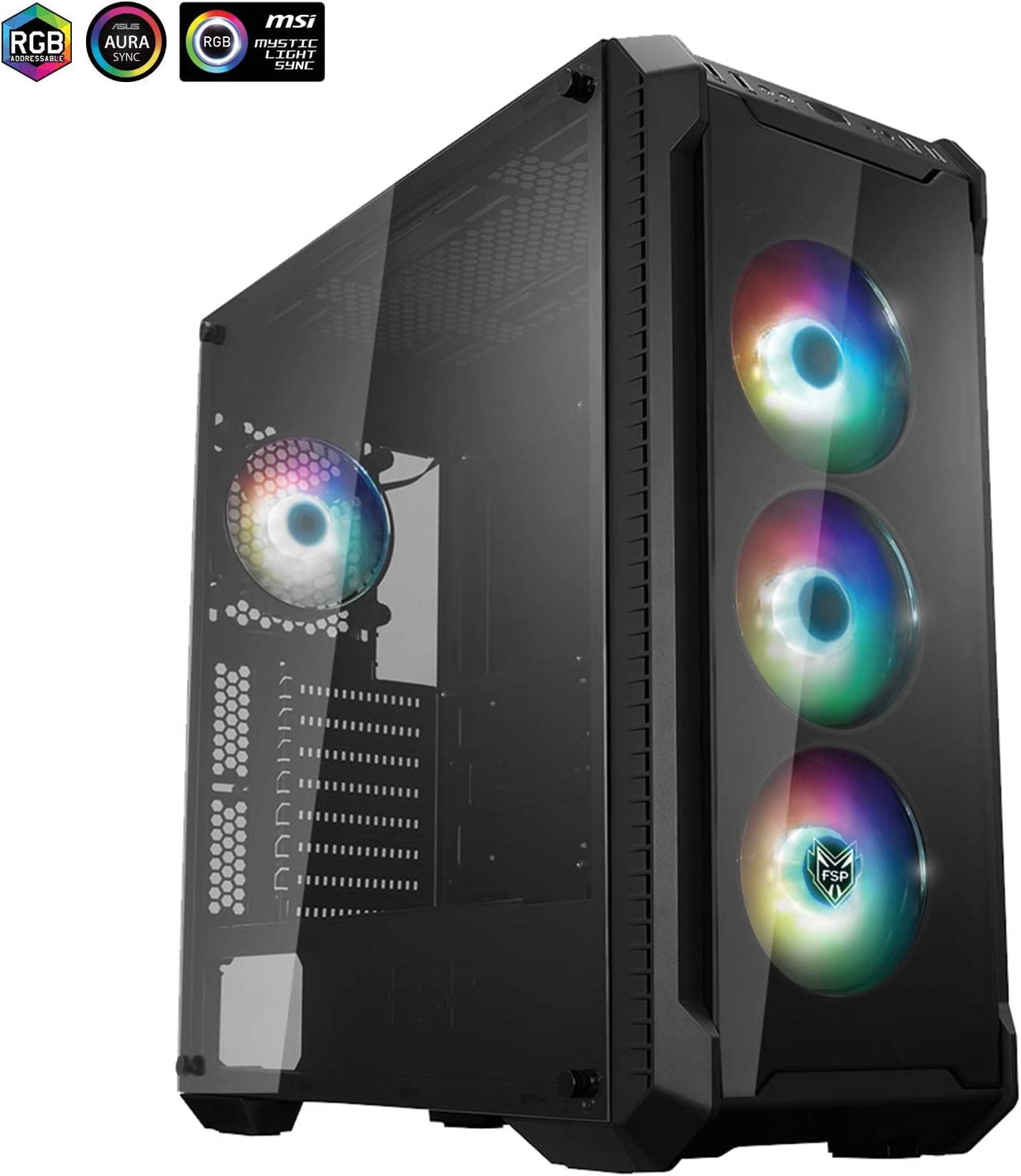 FSP E-ATX Mid Tower PC Gaming Case with 2 Tempered Glass Panels, 4 Addressable RGB Fans, ASUS & MSI Motherboard Sync (CMT520 PLUS)