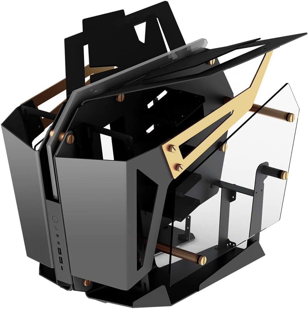 FSP Open Frame Gaming Streaming Case EATX/ATX/Mini- ITX, Dual-System, with 2 Tempered Glass Panels, Aluminum Case, ARGB Center Light Bar (CMT710 T-Wings Gold)