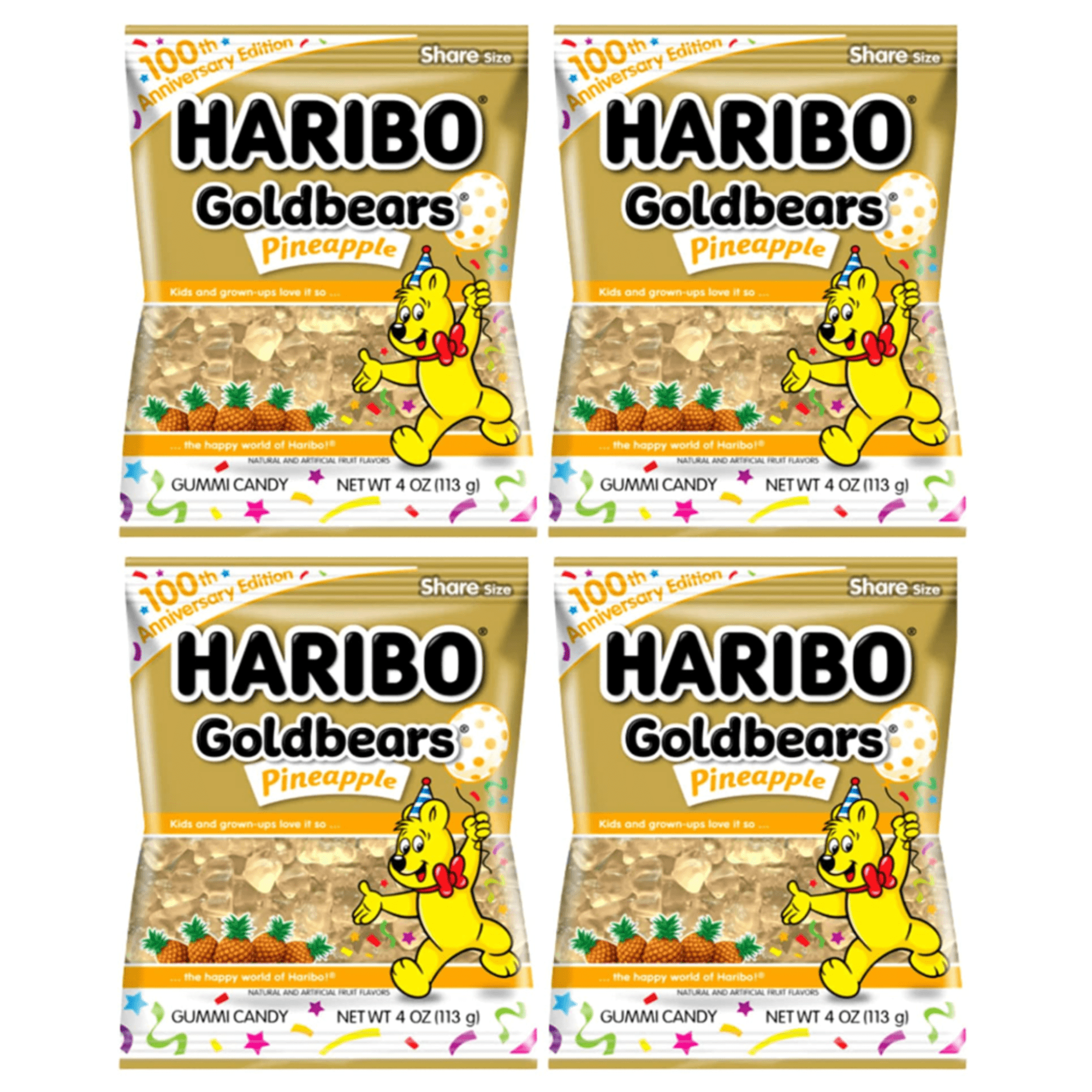 FSSTAM 100th Anniversary Edition Gold Bears, Pineapple Gummy Bears Candy– Bear Shaped Gummies Candies, Chew Candy Snacks, 4 oz Bag, 4 Packs (with Exclusive FSSTAM Booskie)