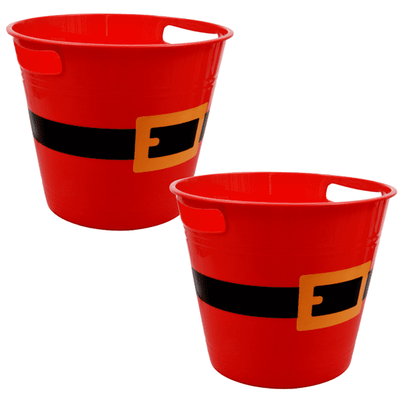 FSSTAM 8.32" Christmas Bucket, Plastic Santa Belt Buckets Red Round Tubs with Handles for Parties Storage Classroom Party Favors Crafts, Christmas Decorations, Pack of 2