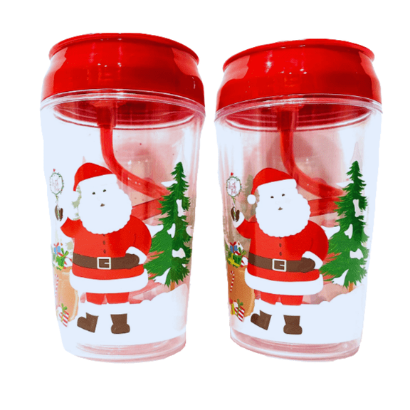 FSSTAM Christmas Cups with Lids and Straws, Plastic Santa Cup with Straw and Lid, Red White Clear Drinking Cup Tumbler for Kids Adults, 2 Packs(with Exclusive FSSTAM Booskie)