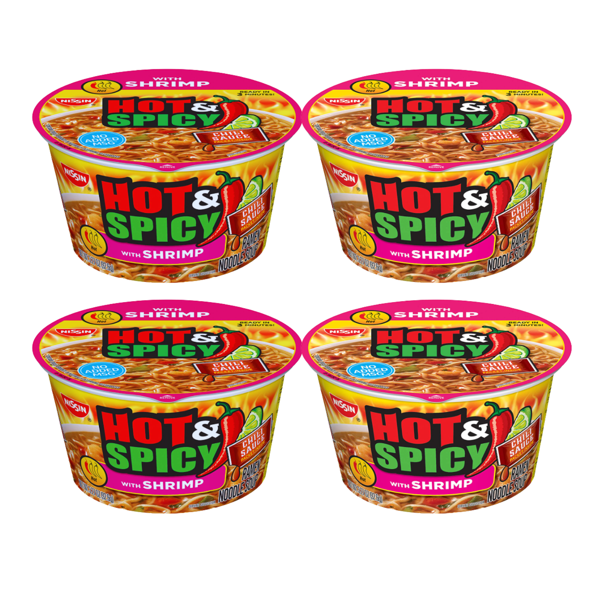 FSSTAM Hot & Spicy Shrimp Cup Noodles, Instant Bowl Ramen Noodles with Chili Sauce Packet, No MSG Added, 3.27 Oz, Pack of 4(with Exclusive FSSTAM Booskie)