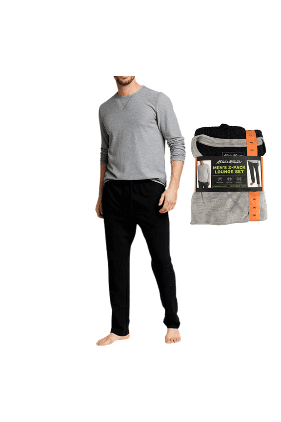 Men's 2-Pc Lounge Wear Set XXL Thermal Shirt and Fleece Pants with Pockets, Mens Loungewear Grey Navy Blue, Nighttime Comfortable Sleepwear, 1 Pack(with Exclusive FSSTAM Booskie)