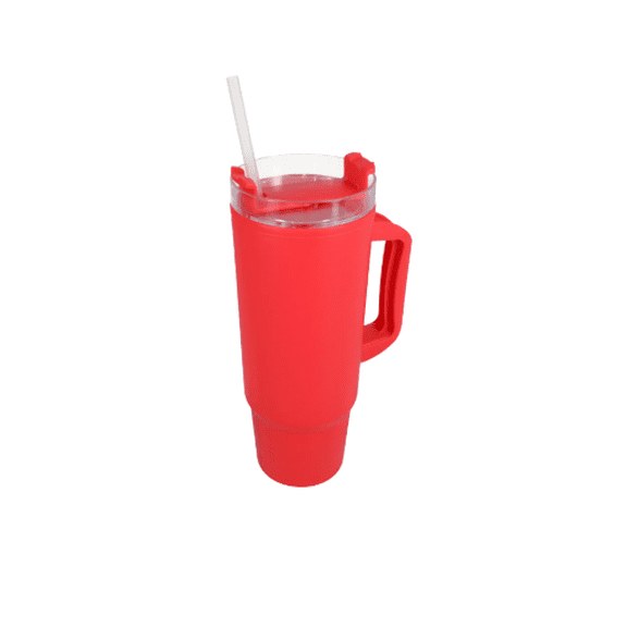FSSTAM Red Plastic Tumbler with Handle and Straw, Reusable Food-Safe Drink Cup, 9.5 in