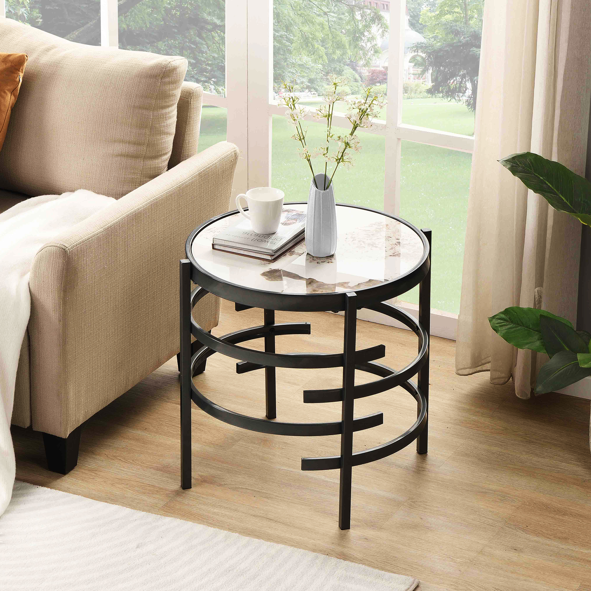 FSTAR 20.67'' lacquer Round Coffee Table with Sintered Stone Top&Sturdy