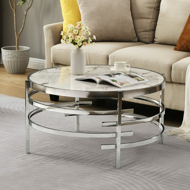 FSTAR 32.48'' Chrome Round Coffee Table with Sintered Stone Top&Sturdy ...