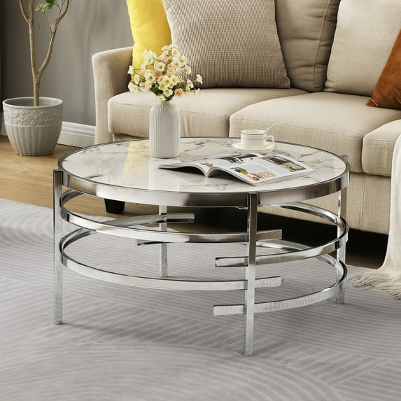 FSTAR 32.48'' Chrome Round Coffee Table with Sintered Stone Top&Sturdy Metal Frame Assembly