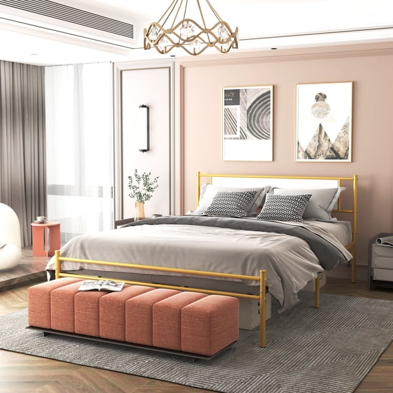 FSTAR Boho Queen Size Platform Bed Frame with Headboard,12'' Metal Bed Frames for Storage, Heavy Duty Square Steel Slats Support, No Box Spring Needed, Quiet Noise-Free, Easy Assembly