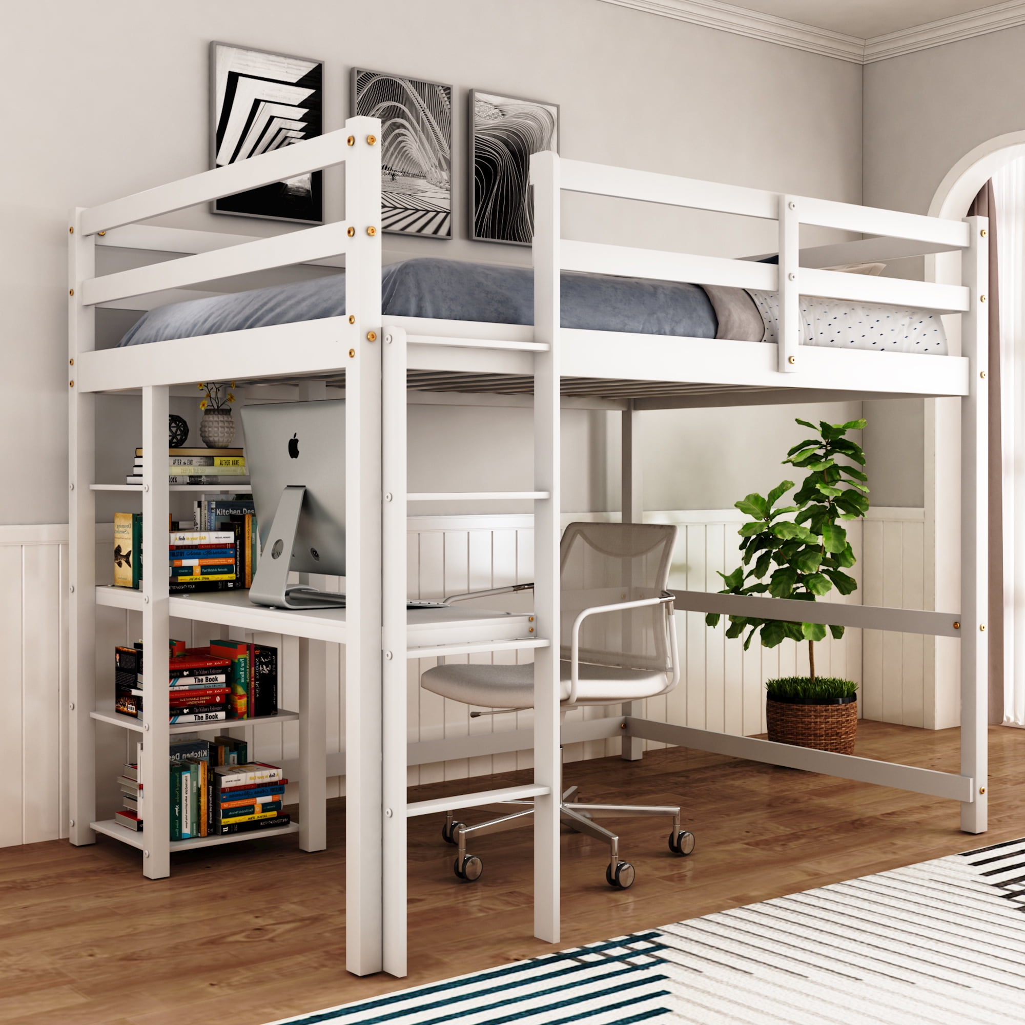 Full Size Solid Wood Loft Bed with 4-Storage Shelves and Under-Bed
