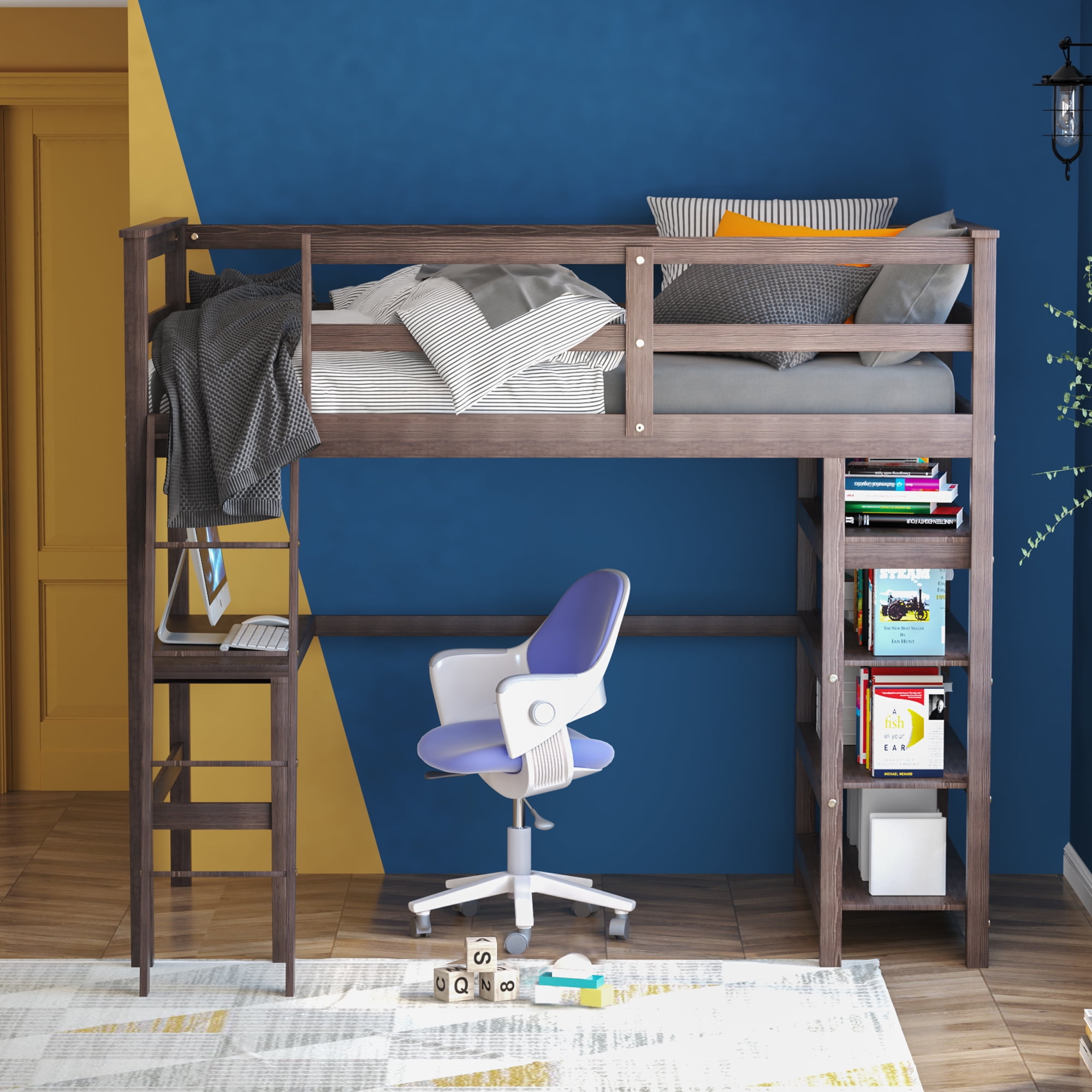 FSTAR Wood Loft Bed with Desk Loft Bed with 4Storage Shelves and