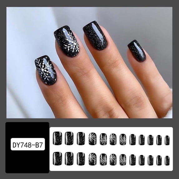 FSTDelivery 24 Pcs Christmas Press on Nails Short Square Fake Nails Matte Glue on Nails Black Snowflake Acrylic Nails Squoval Winter Artificial Nails Bling Glitter False Nails Design, Gift for Women