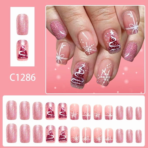 FSTDelivery 24 Pcs Christmas Press on Nails Short Square Fake Nails Matte Glue on Nails Snowflake Acrylic Nails Squoval Winter Artificial Nails Bling Glitter False Nails Design, Gift for Women