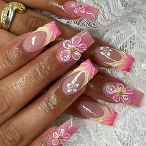 FSTDelivery 24 Pcs French Press on Nails Medium Long Pink Fake Nails Square Bling Glossy 3D Flower Design False Nail Tips Artificial Nails Finger Manicure for Women and Girls, Clearance
